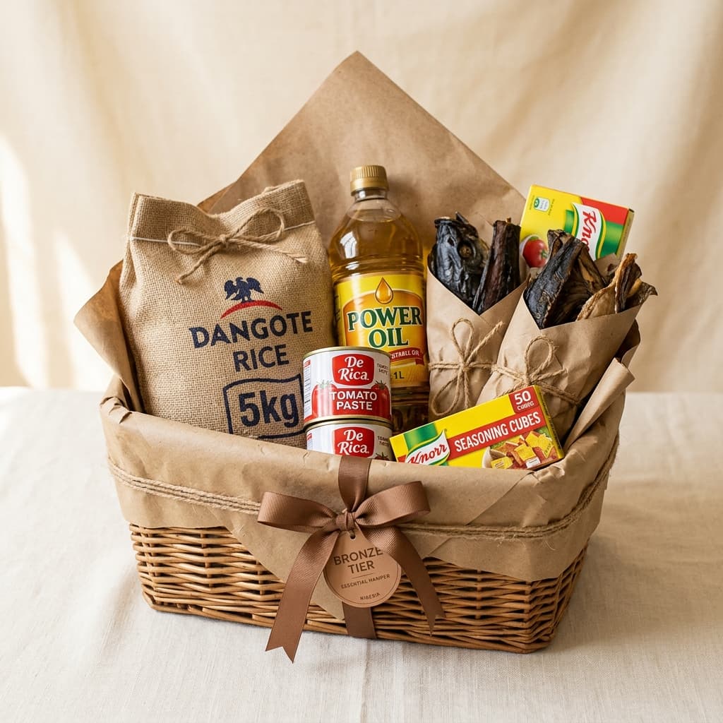 AgroRide Essential Basket — wicker basket with rice, vegetable oil, tomato paste and Nigerian pantry staples