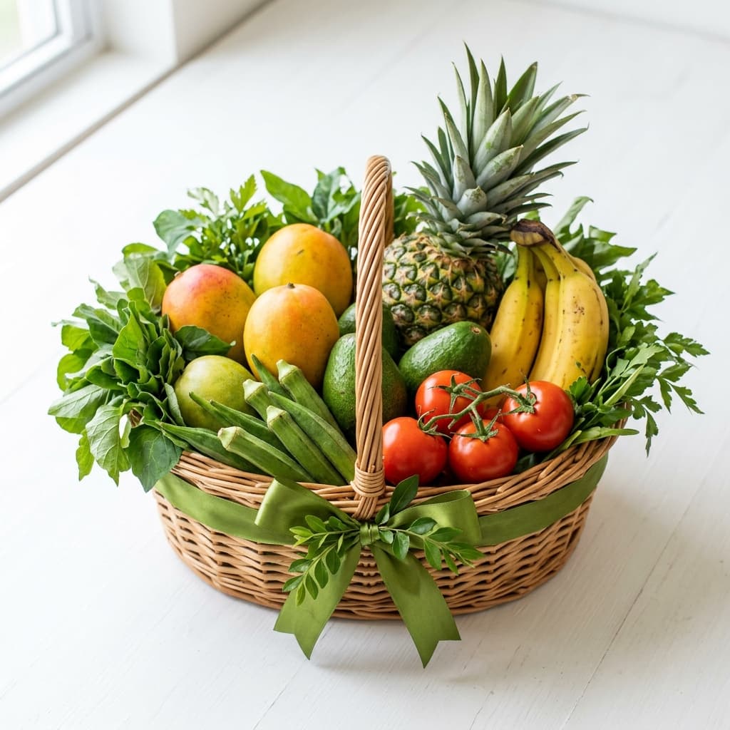 AgroRide Fresh Harvest Basket — seasonal fruits and vegetables including mangoes, pineapple and avocados