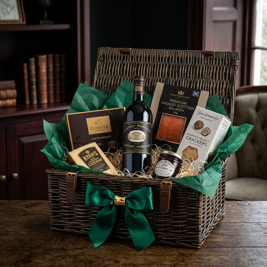 AgroRide Premium Executive Hamper — luxury dark wicker chest with wine, chocolate, smoked salmon and artisanal goods