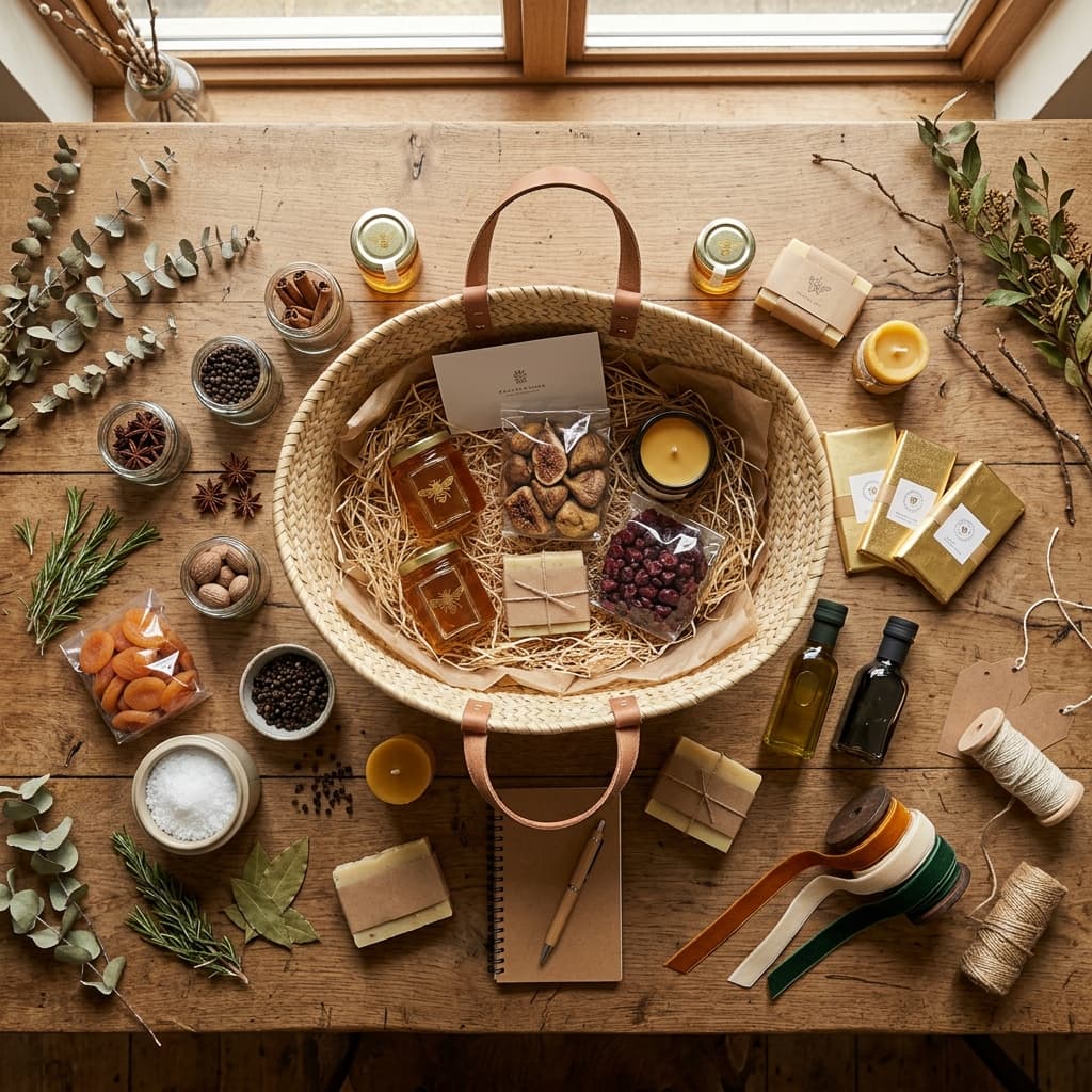 AgroRide Custom Build Hamper — bespoke basket being assembled with honey, spices, dried fruits and premium ingredients