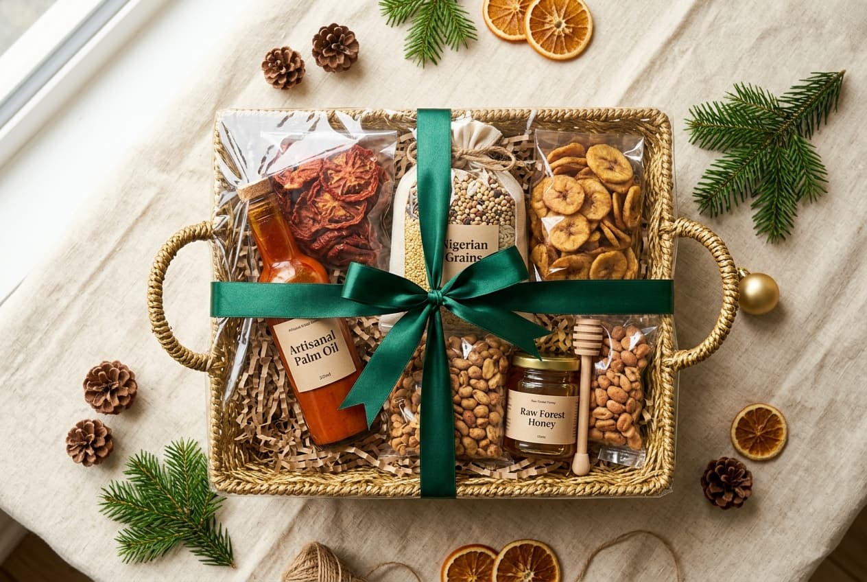 Premium AgroRide festive hamper with artisanal Nigerian food products, honey, grains and plantain chips, tied with a green ribbon bow